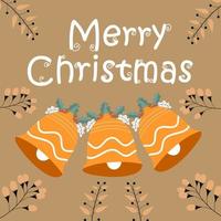 frohe weihnachten und neujahrskarte mit niedlichen figuren auf braunem hintergrund vektor