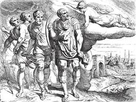 odysseus und telemachus auf dem weg nach laertes, vintage illustration. vektor