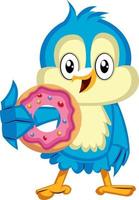 Blauer Vogel hält einen Donut, Illustration, Vektor auf weißem Hintergrund.