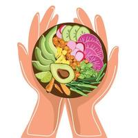 gesundes vegetarisches Lebensmittelkonzept. Bio-Gemüseschüssel in der Draufsicht der menschlichen Hände, Vektorillustration. gesunder Lebensstil. Superfood, sauberes Essen, Veganer, diätendes Lebensmittelkonzept. Schüssel mit frischem Salat