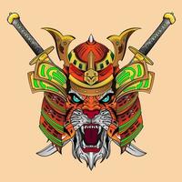 japanase samurai tiger ritter kopf kunstwerk illustration und t-shirt design samurai tiger helm inspiriert vom japanischen zeichenstil vektor