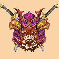 japanase samurai tiger ritter kopf kunstwerk illustration und t-shirt design samurai tiger helm inspiriert vom japanischen zeichenstil vektor