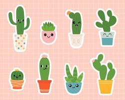 süße Aufkleber mit Kaktuspflanze in Töpfen mit süßen Gesichtern. Zimmerpflanzen im flachen Stil. Vektor-Illustration-Set. vektor