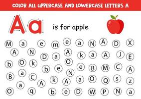 Finden und färben Sie alle Buchstaben a. pädagogisches arbeitsblatt zum lernen des alphabets. vektor