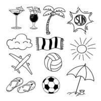 Doodle-Reihe von Illustrationen.Cocktail, Palme, Sonne, Wolke, Handtuch, Flugzeug, Ball, Schiefertafeln, Sonnenschirm vektor