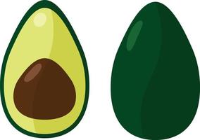 Avocado-Vektor-Flachbild, reife Avocado-Frucht ganz und halb mit Grube, satte grüne Farbe isoliert auf weißem Hintergrund vektor
