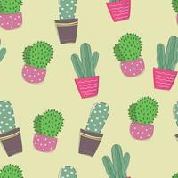 vektor sömlös mönster kaktusar i krukor, Hem växter i tecknad serie stil