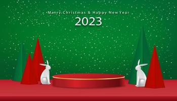 jul och kinesisk ny år 2023 bakgrund med 3d pall, kaniner, jul träd papper skära på grön bakgrund, jul tall gran frodig träd.vektor vinter- Semester sammansättning för hälsning kort, baner vektor
