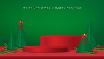weihnachten und neujahr hintergrund mit 3d poduim, weihnachtsbäume papierschnitt auf grünem hintergrund, x mas kiefer tannenbaum. vektorwinterurlaubszusammensetzung für grußkarte, fahne, plakat vektor