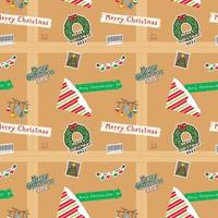 Vintage Paketbox dekoriert mit Weihnachtsaufklebern nahtlose Muster Geschenkpapier Hintergrundbild vektor