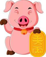ein süßes rosa schwein hält die goldenen logos des chinesischen neujahrs vektor