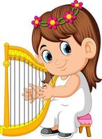 ein schönes Mädchen mit langen braunen Haaren, das Harfe spielt vektor