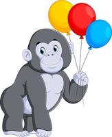 der große graue gorilla, der steht und den bunten ballon hält vektor