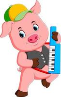 Das rosa Schwein benutzt die gelb-graue Mütze, um Klavier zu spielen vektor