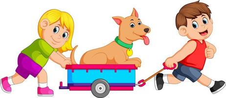 Mädchen und Junge ziehen Wagen mit Hund vektor