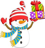 Ein freundlicher Schneemann hält die Schachtel mit bunten Geschenken hoch vektor