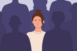 ledsen olycklig kvinna bland folkmassan av människor känner ensam. depression, problem med kommunikation, vänner, isolering. vektor platt illustration