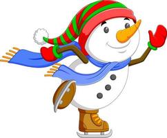 en stor snögubbe är dans och Hoppar med hans brun is skridskoåkning skor vektor