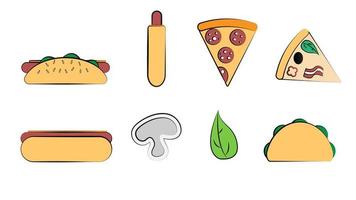 en uppsättning av åtta ikoner av objekt av utsökt mat och snacks för en Kafé bar restaurang på en vit bakgrund pizza, varm hund, burrito, pizza, grönt vektor