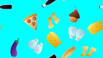ändlös blå sömlös mönster av utsökt mat och mellanmål objekt ikoner uppsättning för restaurang bar Kafé pommes frites, ost, äggplanta, soda, salt och peppar, cupcake, pizza, smörgås. de bakgrund vektor
