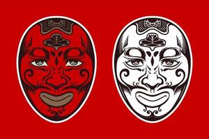 hand dragen röd vit japansk traditionell mask på röd bakgrund. vektor