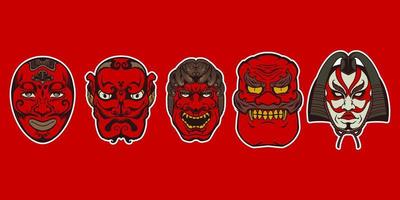 hand dragen fem reds japansk traditionell mask på röd bakgrund. vektor