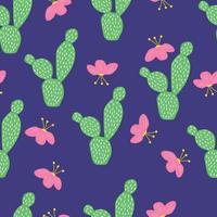 kaktusar och blommor sömlös vektor mönster på en blå bakgrund, ljus mönster, symmetri och platt stil