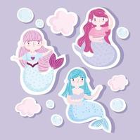süße kleine Meerjungfrauen Icon Set vektor