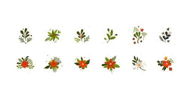 hand dragen vektor abstrakt grafisk glad jul och Lycklig ny år ClipArt illustrationer hälsning kort uppsättning med blommor och lämnar.glad jul söt blommig design bakgrund.vinter Semester konst.