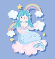 söt tecknad blå sjöjungfru med regnbågar vektor