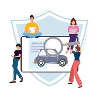 Autoversicherung mit Leuten, die eine richtige Versicherungsgesellschaft suchen. Online-Versicherung für das Auto. Menschen mit ihren Geräten. autoversicherung, schutz, autovermietung, schadenskonzeptillustration mit menschen. vektor