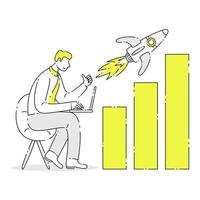 karriär framsteg lyft. affärsman använder sig av bärbar dator till skala upp hans företag snabb tycka om en raket. företag vektor illustration i vit bakgrund