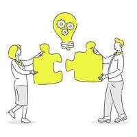 Zusammenarbeit. leute, die das puzzle halten. Teamarbeit, die Ideen bringt. Business-Vektor-Illustration im weißen Hintergrund vektor