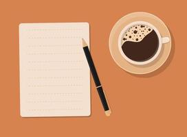 Planungskonzept. blatt, stift und tasse kaffee flache illustration vektor