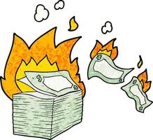Cartoon-Geld in Brand vektor
