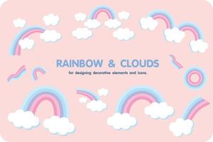 en pastell regnbåge omgiven förbi moln, för design dekorativ element och ikoner. vektor