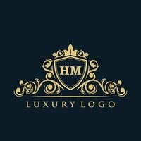 Buchstabe hm-Logo mit luxuriösem Goldschild. Eleganz-Logo-Vektorvorlage. vektor