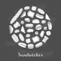 hand dragen smörgåsar och hamburgare i cirkel. vektor