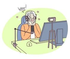 mormor banderoll. äldre kvinna värdar live streaming video händelse. äldre generation använder sig av modern tech. överraskad mormor. vektor illustration isolerat på vit bakgrund.