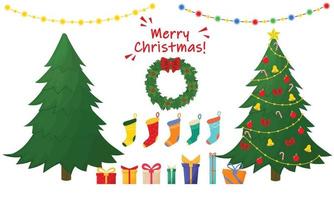satz von weihnachtselementen. weihnachtsbaum kostenlos und mit dekorationselementen, geschenkboxen, socken, lichtern. Vektor-Illustration. vektor