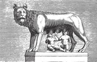 Skulptur der Lupa Capitolina, die die Zwillinge Romulus und Remus säugt, anonym, 1584, Vintage-Illustration. vektor