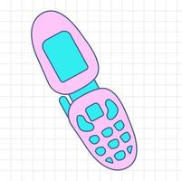 affisch med mussla. söt och eleganta mobil telefon. gammal modell från 90-tal. hand dragen vektor illustration. årgång elektronik begrepp.