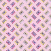 sömlös y2k mönster med 90 s mode trender. musik kassett på en rosa bakgrund. bakgrund för tapet, skriva ut, textil, tyg, förpackning. vektor illustration.