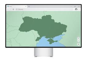 computermonitor mit ukrainekarte im browser, suche im web-mapping-programm nach dem land der ukraine. vektor