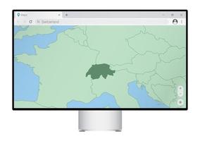 dator övervaka med Karta av schweiz i webbläsare, Sök för de Land av schweiz på de webb kartläggning program. vektor