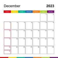 dezember 2023 bunter wandkalender, die woche beginnt am sonntag. vektor