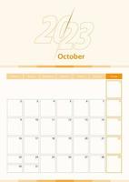 modern vektor vertikal kalender ark för oktober 2023, planerare i engelsk.