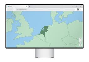 computermonitor mit karte der niederlande im browser, suchen sie im web-mapping-programm nach dem land der niederlande. vektor