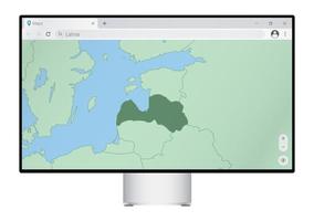 computermonitor mit karte von lettland im browser, suchen sie im web-mapping-programm nach dem land von lettland. vektor