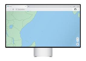 computermonitor mit karte der seychellen im browser, suchen sie im web-mapping-programm nach dem land der seychellen. vektor